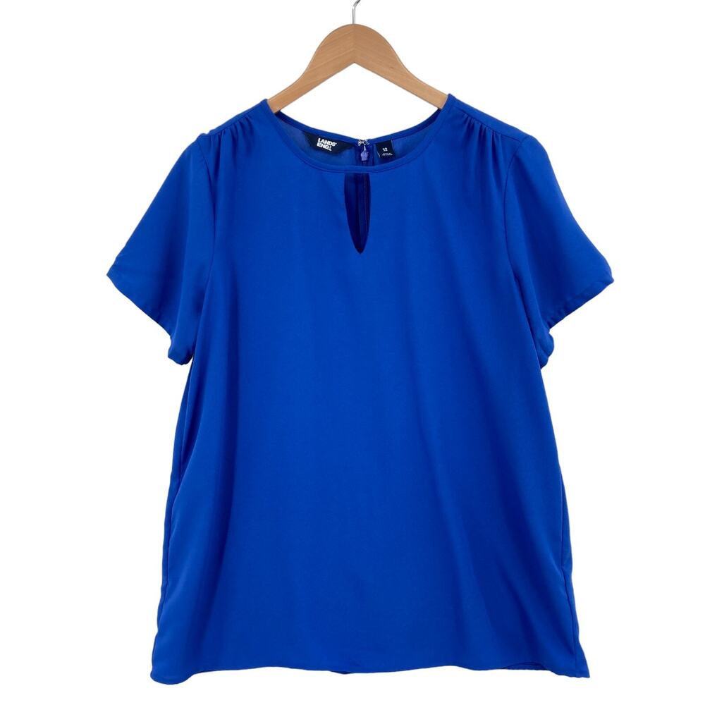 Lands' End Blouse Top Womens Sz 12 Blue Short Sleeve Round Neck Keyhole Back Zip